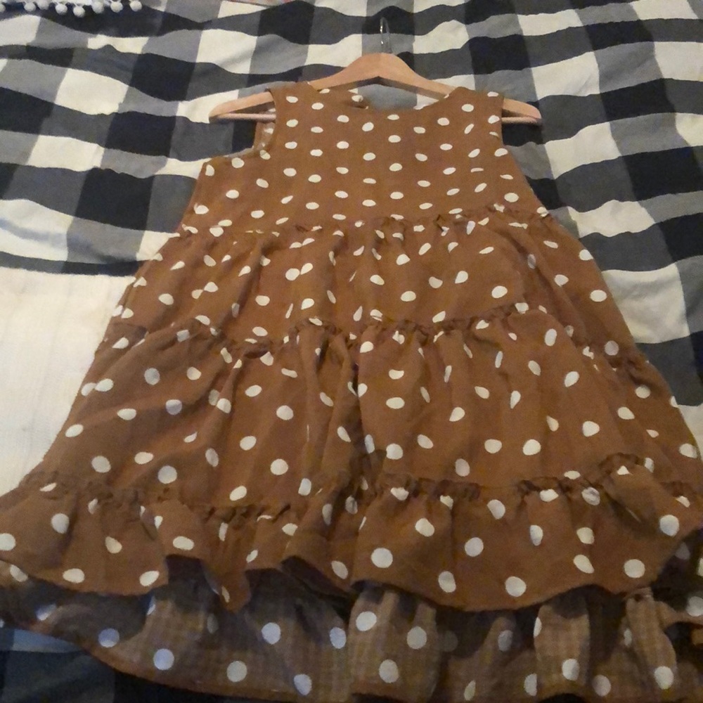 Brown taupe white polka dot dress tie in back tiered flare dress small